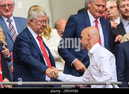 London, UK. 03rd June, 2023. 03 Jun 2023 - Manchester City v Manchester United - Emirates FA Cup Final - Wembley Stadium Manchester United's Sir Alex Ferguson and current Manager Erik ten Hag during the 2023 FA Cup Final. Picture Credit: Mark Pain/Alamy Live News Stock Photo