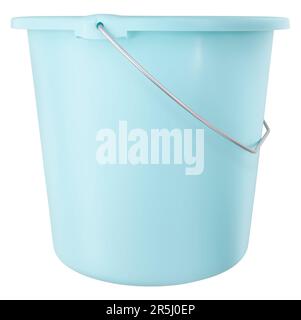 Bucket in plastic light blue isolated on white background with clipping path. Household object for cleaning. Useful item for online shopping commerce Stock Photo