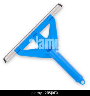 Plastic squeegee with blue handle isolated on white background with clipping path. Household object for window cleaning. Useful item for online shoppi Stock Photo