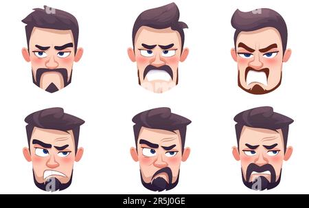 ui set vector illustration of a set of male face expression unhappy emotions isolated on white background Stock Vector