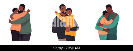 set vector illustration of afro ethnic man hugging his kid and feeling proud and love isolate on white Stock Vector