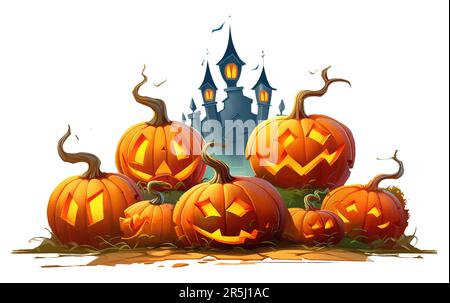 Halloween pumpkins on road and dark castle on blue Moon background with ...