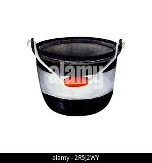 Watercolor Drawing Set Of Fishing Bucket Black And White With Red