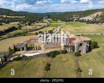 Aerial view Monsalud Cistercian Monastery, in Corcoles, was one of the most important medieval buildings in the territory of Guadalajara for centuries Stock Photo