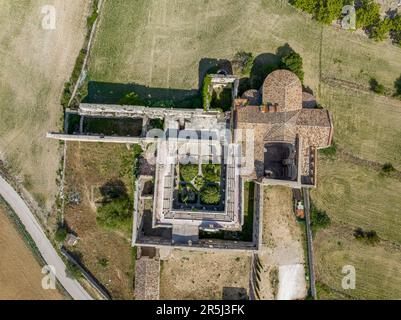 Aerial view Monsalud Cistercian Monastery, in Corcoles, was one of the most important medieval buildings in the territory of Guadalajara for centuries Stock Photo