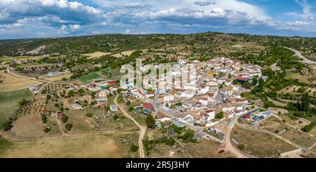 Panoramic aerial view of Monsalud, in Corcoles, province of Guadalajara in Spain, in the background left the monastery of Monsalud Stock Photo