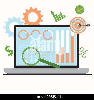 Work place of business analyst, chart and graphic on laptop. Vector illustration. Web finanace statistics, computer teamwork, business professional pl Stock Vector