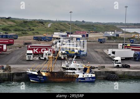 Irish Ferries new cruise ferry on the Irish Sea MS OSCAR WILDE pictured at Rosslare Harbour and after crossing the Irish Sea docking at Pembroke Dock Stock Photo