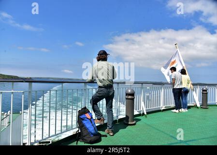 Irish Ferries new cruise ferry on the Irish Sea MS OSCAR WILDE pictured at Rosslare Harbour and after crossing the Irish Sea docking at Pembroke Dock Stock Photo