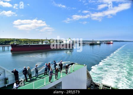 Irish Ferries new cruise ferry on the Irish Sea MS OSCAR WILDE pictured at Rosslare Harbour and after crossing the Irish Sea docking at Pembroke Dock Stock Photo