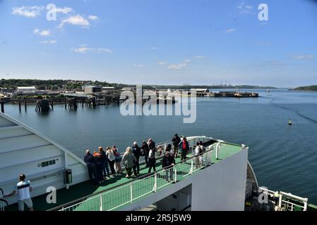 Irish Ferries new cruise ferry on the Irish Sea MS OSCAR WILDE pictured at Rosslare Harbour and after crossing the Irish Sea docking at Pembroke Dock Stock Photo