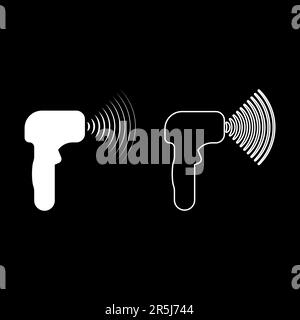 Emitter of waves electron gun manual thermometer forehead infrared device for measuring temperature non-contact contactless digital set icon white Stock Vector