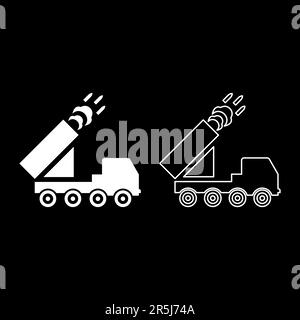 Multiple launch volley reactive rocket system fire shoots missiles set icon white color vector illustration image simple solid fill outline contour Stock Vector