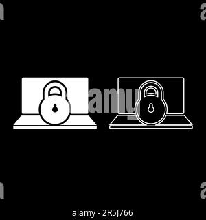 Laptop lock personal data security cyber access concept locked padlock use set icon white color vector illustration image simple solid fill outline Stock Vector