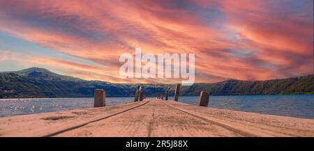 Empty pier at lake (camera on the ground) Stock Photo