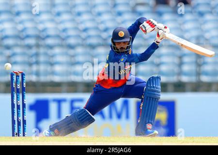 Hambantota, Sri Lanka. 04th June 2023. Sri Lanka's Wanindu Hasaranga plays a shot during the 2nd ODI cricket match between Sri Lanka vs Afghanistan at the Mahinda Rajapaksa International Cricket Stadium in Hambantota on 04th June, 2023. Viraj Kothalwala/Alamy Live News Stock Photo