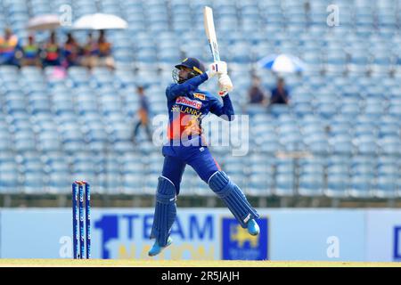 Hambantota, Sri Lanka. 04th June 2023. Sri Lanka's Dhananjaya de Silva plays a shot during the 2nd ODI cricket match between Sri Lanka vs Afghanistan at the Mahinda Rajapaksa International Cricket Stadium in Hambantota on 04th June, 2023. Viraj Kothalwala/Alamy Live News Stock Photo