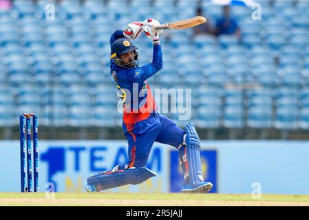 Hambantota, Sri Lanka. 04th June 2023. Sri Lanka's Wanindu Hasaranga plays a shot during the 2nd ODI cricket match between Sri Lanka vs Afghanistan at the Mahinda Rajapaksa International Cricket Stadium in Hambantota on 04th June, 2023. Viraj Kothalwala/Alamy Live News Stock Photo