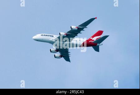 A Qantas Airbus A380, the worlds largest commercial aircraft, flying over Auckland on its first visit to New Zealand, Friday, October 10, 2008. Stock Photo