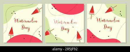 Posters Watermelon day, red and green background boho style, banners set. Vector illustration Stock Vector
