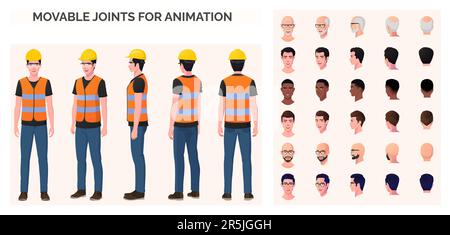 Construction Worker, Engineer Character Creation Pack with Man Wearing Safety Vest, googles and Blue Jeans, Various Ethnicities and Races Stock Vector
