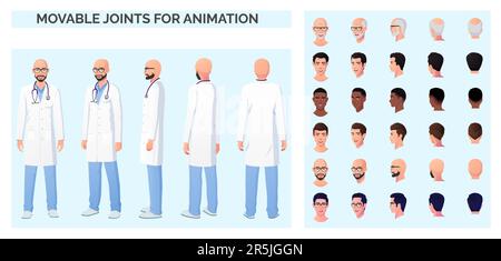 Doctor Character Creation with Multiple Ethnicities and Races, Man wearing White Lab-Coat and Stethoscope Stock Vector