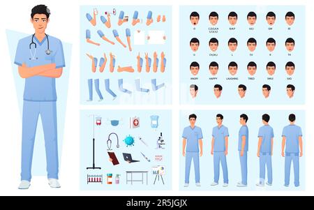 Character Constructor With Nurse, Doctor, Face Expressions, Emotions, Various Hand Gestures Front, side and Back view Stock Vector