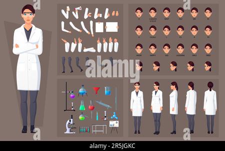 Scientist Woman Character Constructor with Face Expressions, Equipment, Gestures and Lip-Sync Stock Vector