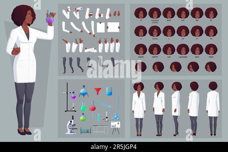 Woman Scientist Character Creation pack Chemist with Laboratory Equipment, Gestures, Poses, and Face Expressions with Woman Wearing White Lab Coat Stock Vector