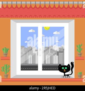 White Window with Flowers and Cat on Orange Wall. Stock Vector