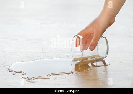 Close up of a hand holding a glass of water from a laminate wood floor Stock Photo