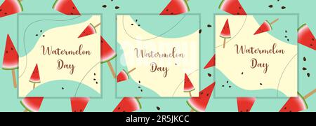 Watermelon day posters and pattern, background boho style, banners set and pattern background. Vector illustration Stock Vector