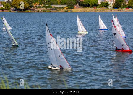 Poole, Dorset UK. 4th June 2023. UK weather: Radio controlled boat enthusiasts race their model boats in the one meter class  around Poole Park lake on a lovely warm sunny breezy day. Credit: Carolyn Jenkins/Alamy Live News Stock Photo