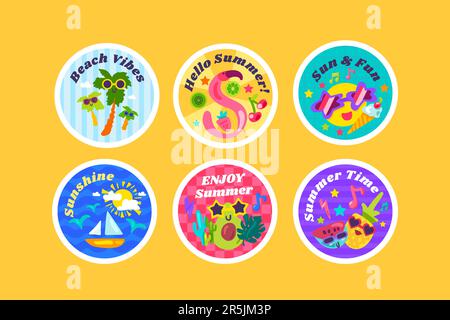 Festive round sticker set with summer vocations elements, Beach Vibes, Enjoy Summer, Sun Fun, Ocean Waves Sunshine title inscription. Festive badge em Stock Vector