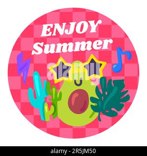 Festive round sticker with funny musical avocado in disco glasses and Enjoy Summer inscription. Holiday festive badge emblem. Color vector isolated on Stock Vector