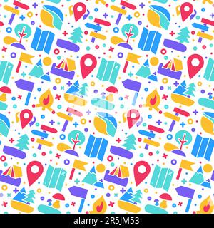 Camping travel symbols seamless pattern with checkpoint mark, glowing maps, forest, lake and campfire. Ornament for printing on fabric, cover and pack Stock Vector