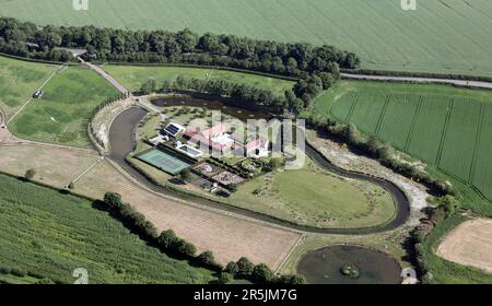 aerial view of Upsland Alpacas Farm & farmhouse, near Bedale, North Yorkshire Stock Photo