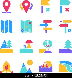 Collection of conventional signs designates of route elements on paper map. Checkpoint, arrow, flag, map, tree, fire, tent, river. Simple colored flat Stock Vector