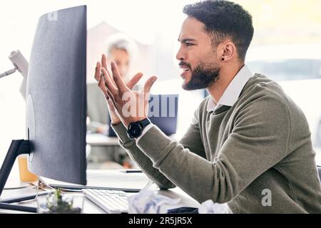 Confused, frustrated and business man on computer with questions, 404 error and online problem, mistake or wrong email. What, reading and angry Stock Photo