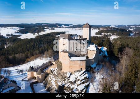 Aerial view during winter onto the Rappottenstein Castle in the Lower Austria Waldviertel region. Stock Photo