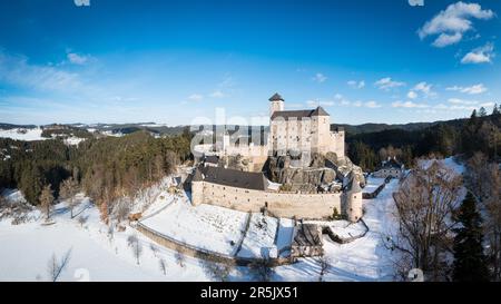 Aerial view during winter onto the Rappottenstein Castle in the Lower Austria Waldviertel region. Stock Photo