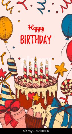 Birthday vertical greeting card. Poster with hand drawn elements. Celebration social media stories  template. Vector illustration in sketch style Stock Vector