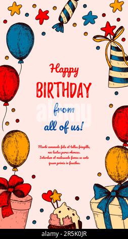 Birthday vertical greeting card. Poster with hand drawn elements. Celebration social media stories  template. Vector illustration in sketch style Stock Vector