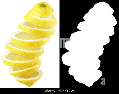 Sliced lemon citrus fruit with water drops isolated on white background. Wet limon slices with clipping mask (alpha channel) for quick isolation. Full Stock Photo