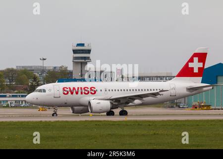 POLAND, GDANSK - 12 May, 2019: Aircraft line Swiss landing at the airport runway. The Lech Walesa Airport in Gdansk. Stock Photo