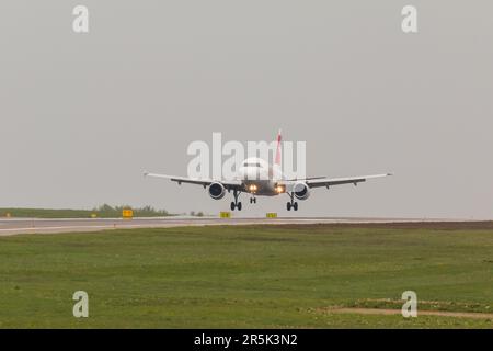 POLAND, GDANSK - 12 May, 2019: Aircraft line Swiss landing at the airport runway. The Lech Walesa Airport in Gdansk. Stock Photo