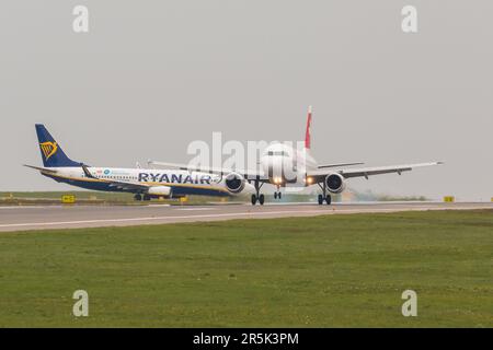 POLAND, GDANSK - 12 May, 2019: Aircraft line Swiss landing at the airport runway. The Lech Walesa Airport in Gdansk. Stock Photo