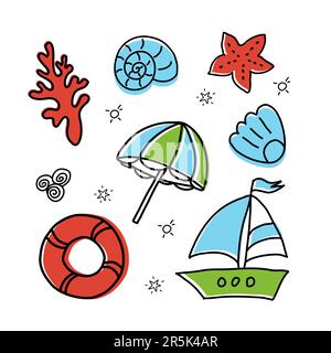 Summer color doodles icon set. Marine icons. Hand drawn lines icons collection. Set of summer beach items. Stock Vector