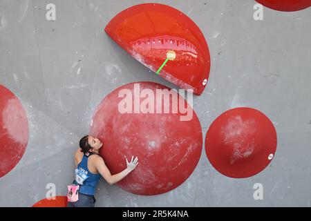 Prague, Czech Republic. 04th June, 2023. Climber Futaba Ito from Japan competes during the Boulder World Cup women's semifinals, on June 4, 2023, in Prague, Czech Republic. Credit: Michal Kamaryt/CTK Photo/Alamy Live News Stock Photo