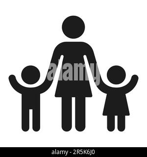 Adult with children figure silhouette icon. Woman holding hands of boy and girl. One parent family or preschool teacher. Vector symbol. Stock Vector